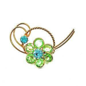 Vintage Flower Brooch with Aqua Blue and  Citrine green Rhinestones